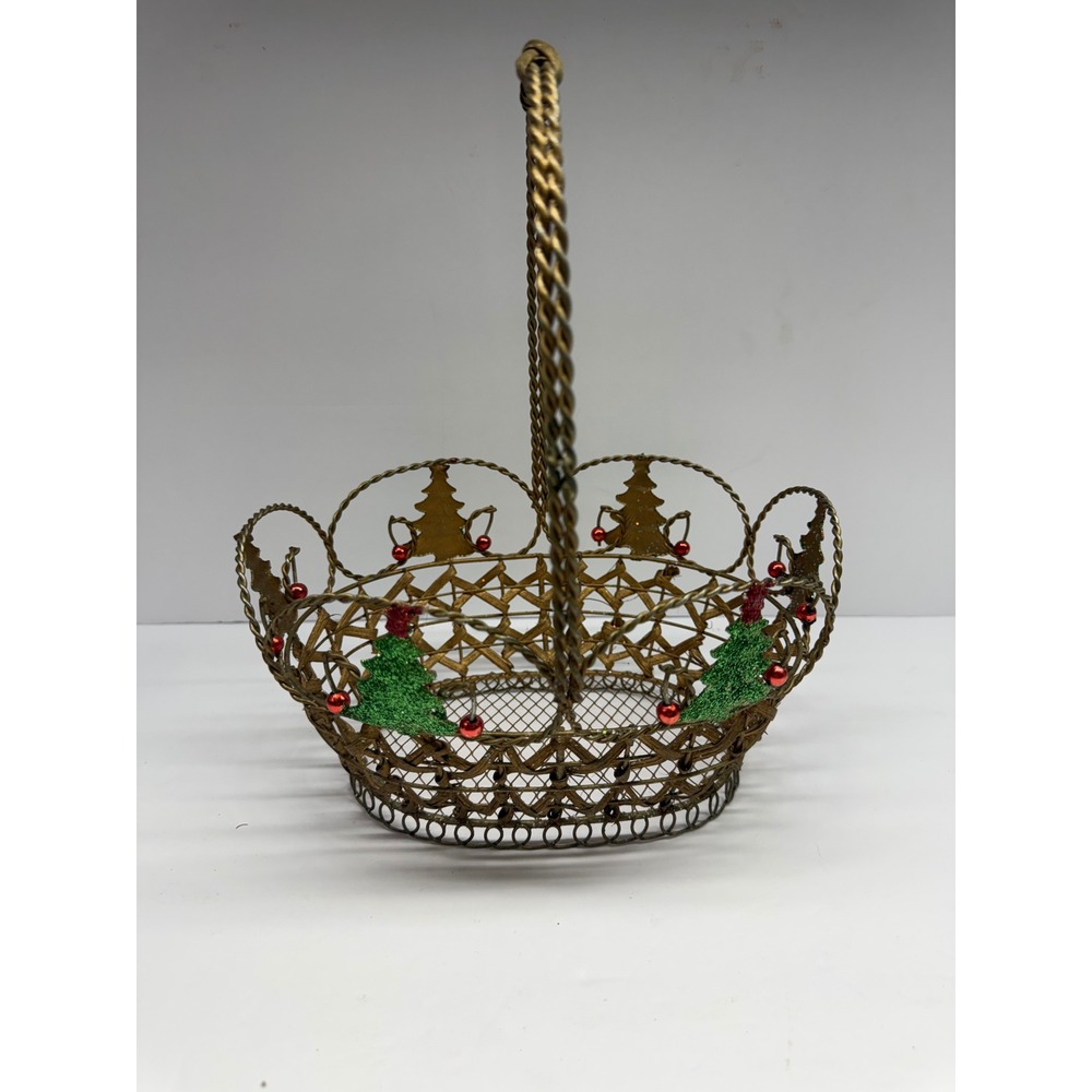 Vintage Gold Wire Christmas Basket Glitter Trees Red Berries Holiday Decor 11in